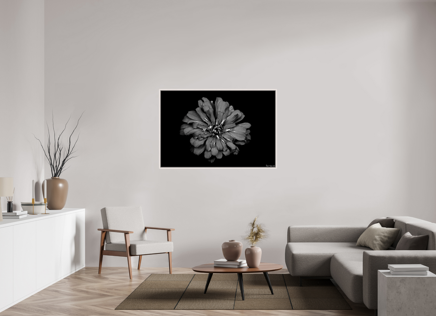 54 x 36″, Floater Frame Maple White Carbon Zinnia