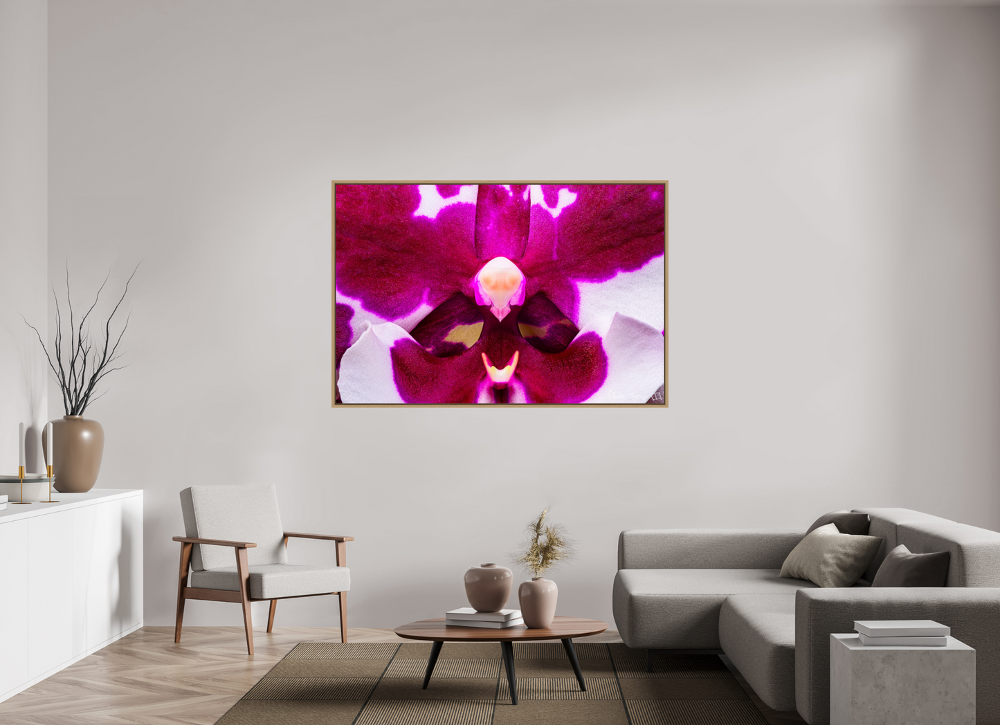 66 x 44″, Floater Frame Natural Oak Droid Orchid