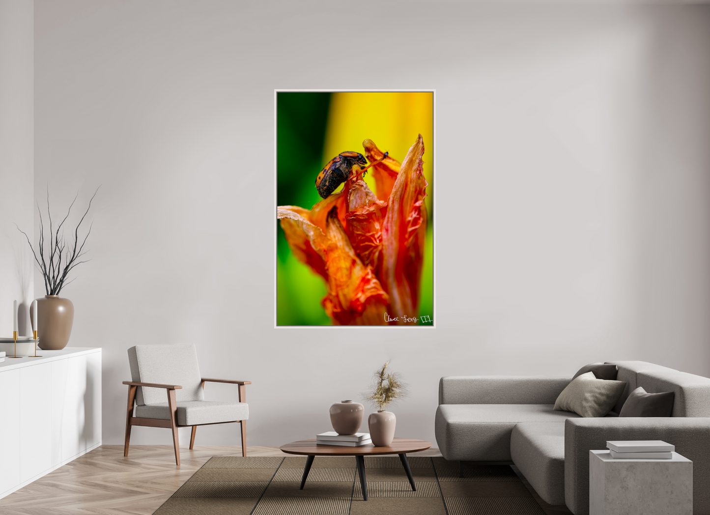 44 x 66″, Floater Frame Maple White Perched Grave