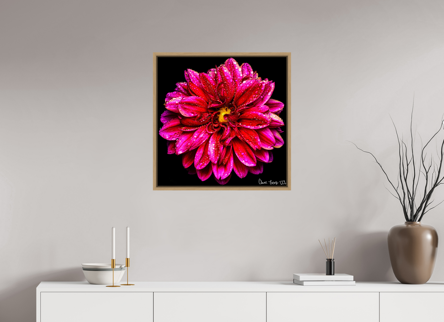 25 x 25″, Floater Frame Natural Oak Droplets Galore