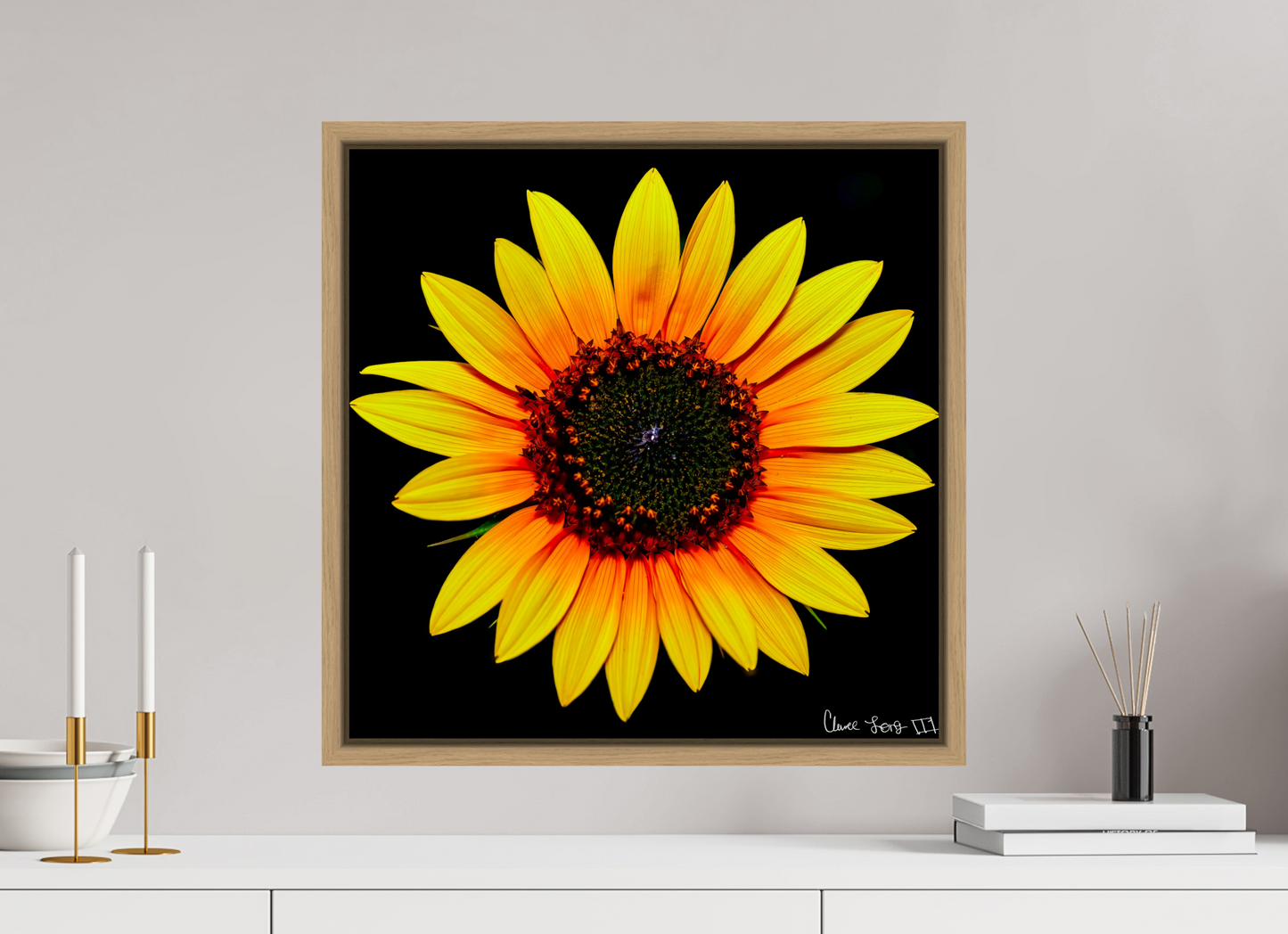 20 x 20″, Floater Frame Natural Oak Nana’s Sunflower