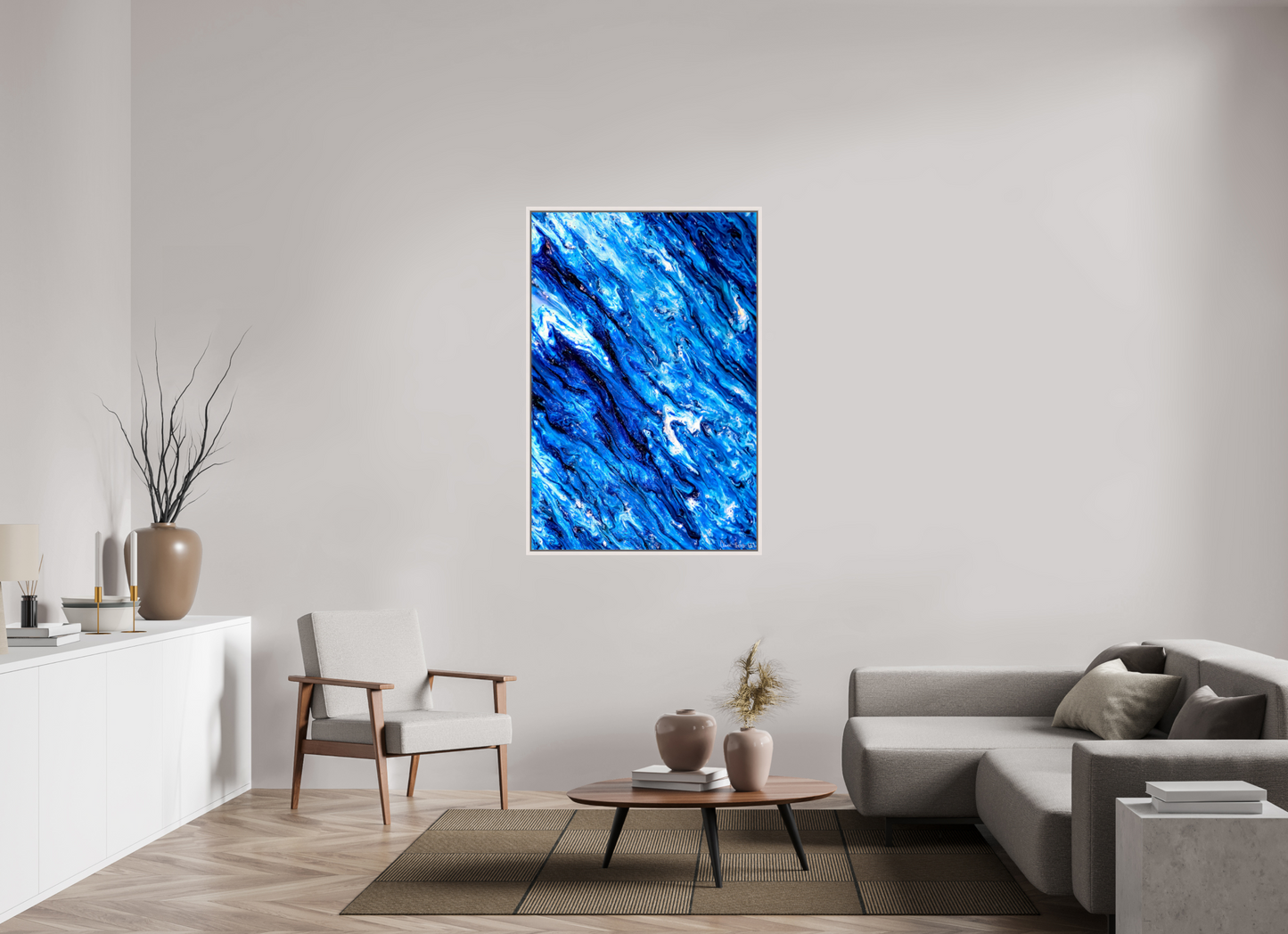 36 x 54″, Floater Frame Maple White Tilted Waves