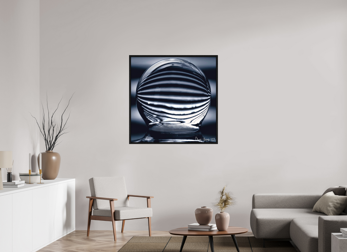 40 x 40″, Floater Frame Black Oak Orb of Light