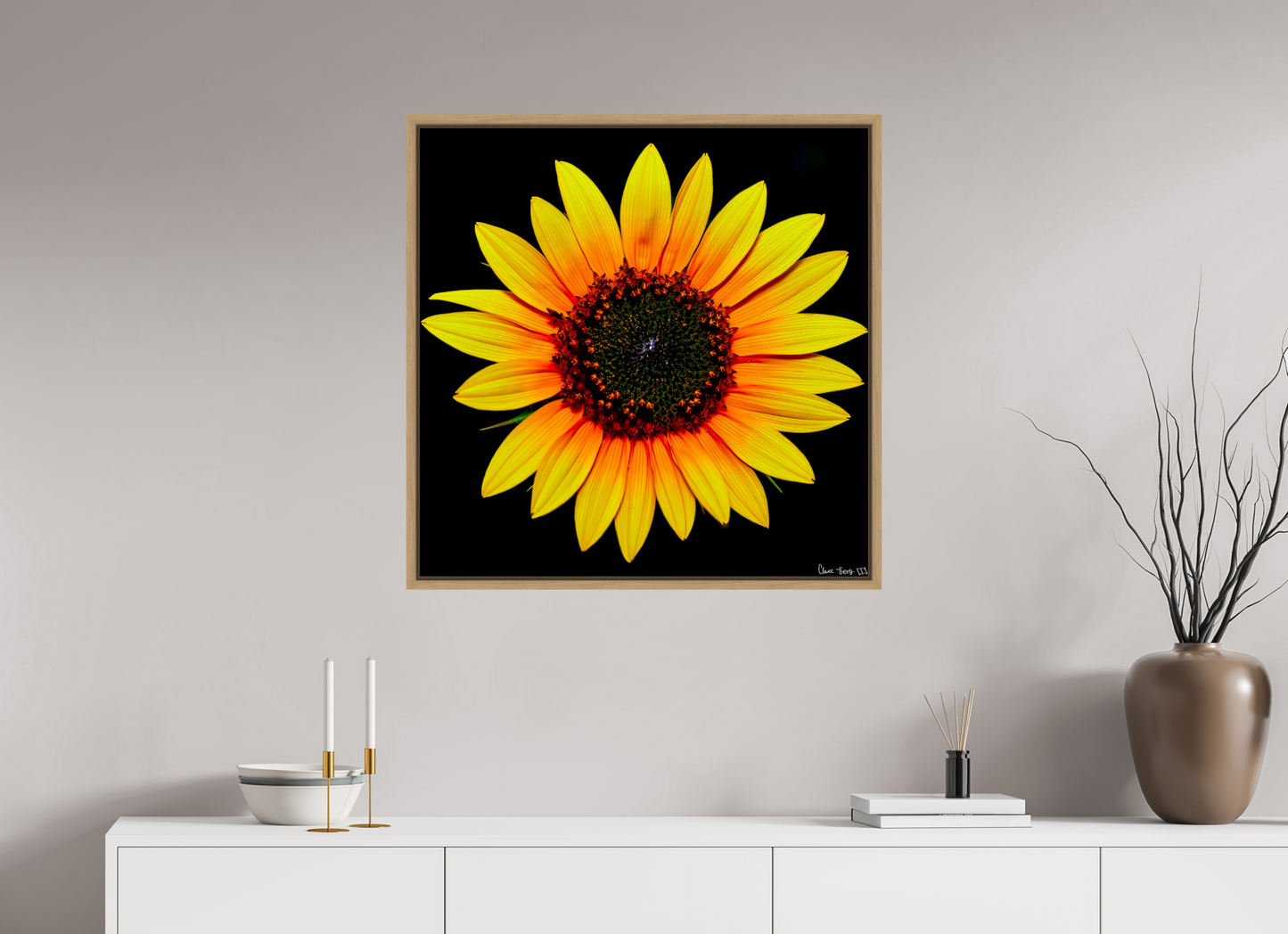 30 x 30″, Floater Frame Natural Oak Nana’s Sunflower
