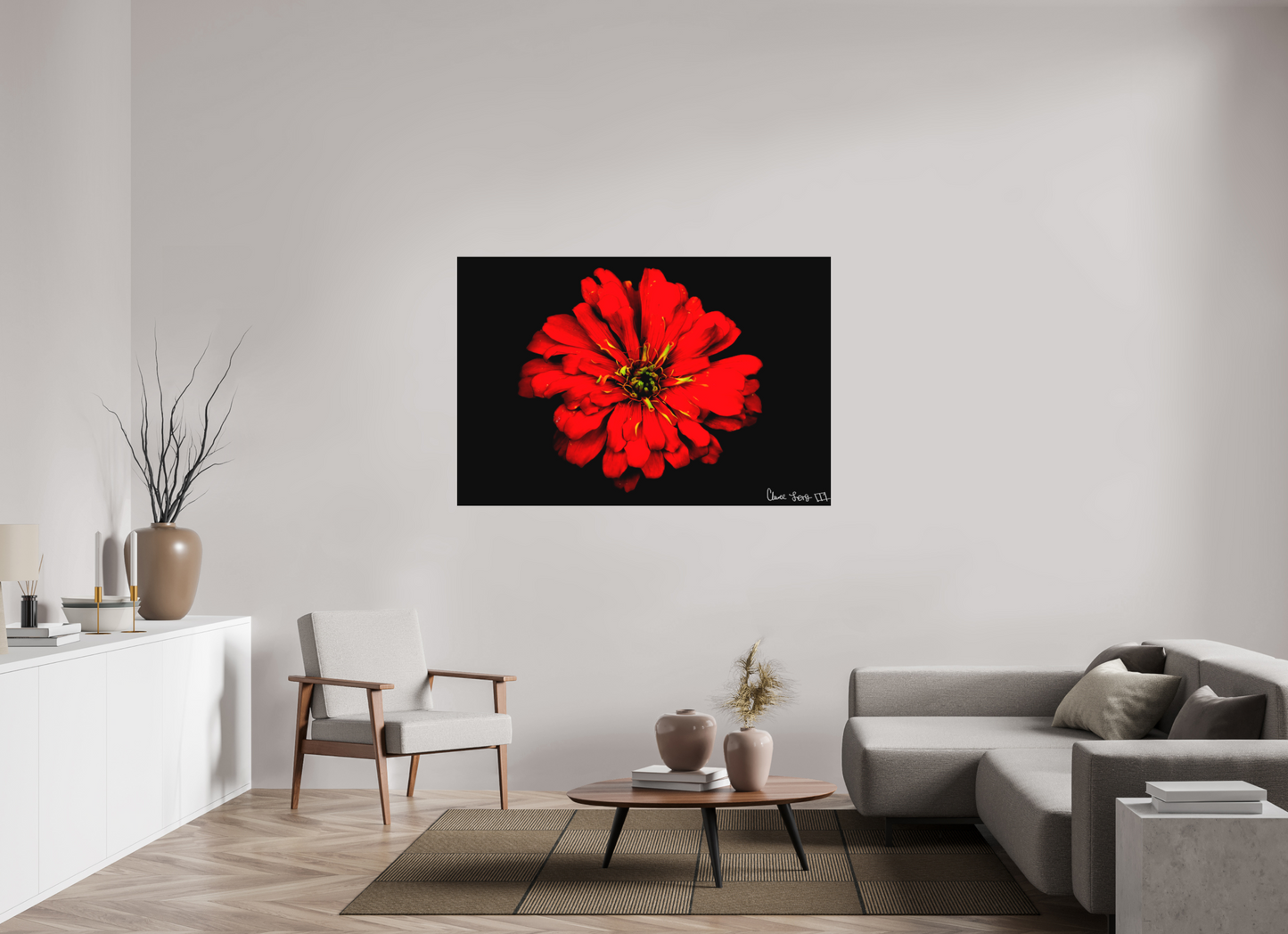 60 x 40″, Matte Metal Zinnia of Fire