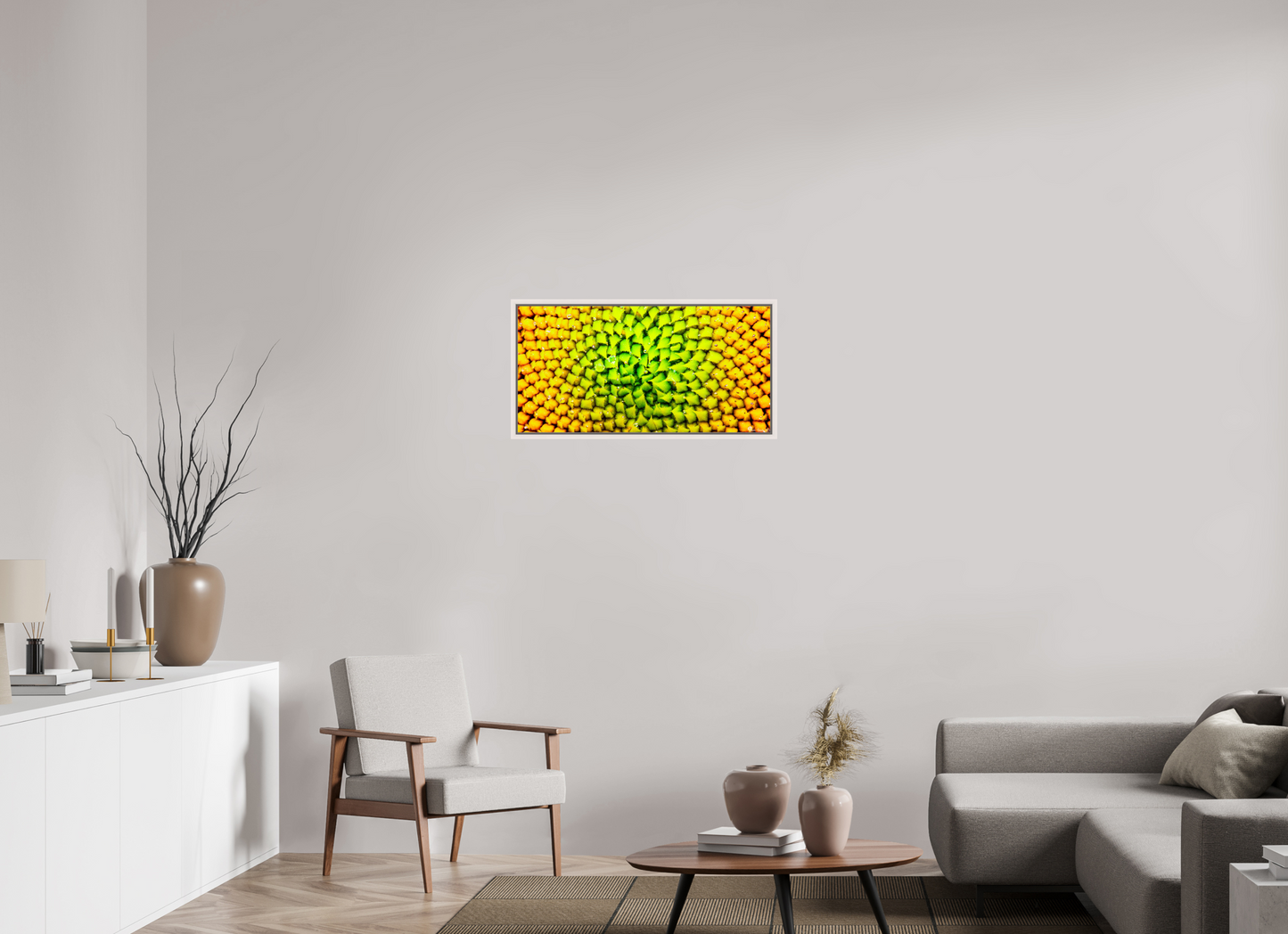 32 x 16″, Floater Frame Maple White Geometric Harmony