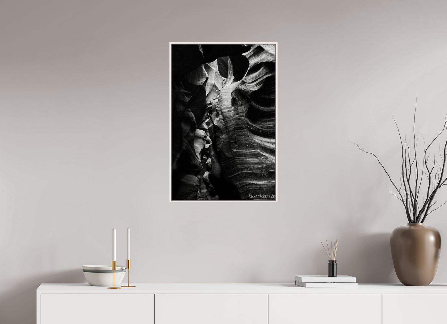 20 x 30″, Floater Frame Maple White Beauty Down Below