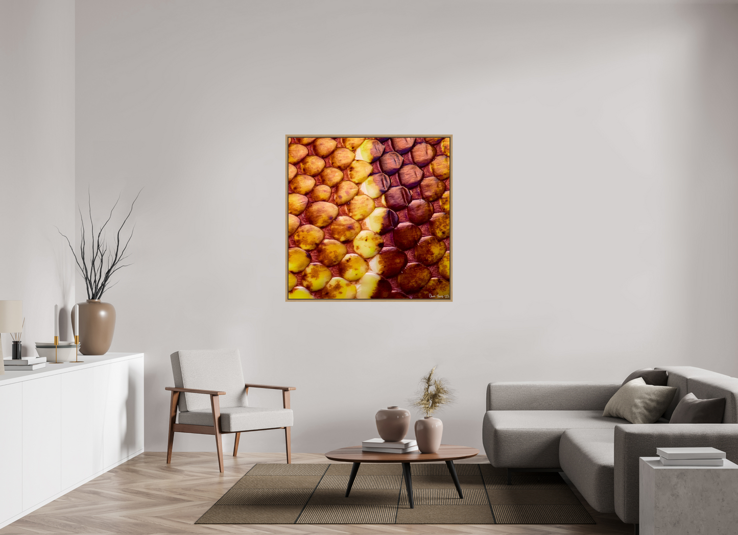 45 x 45″, Floater Frame Natural Oak Reptilian Divide