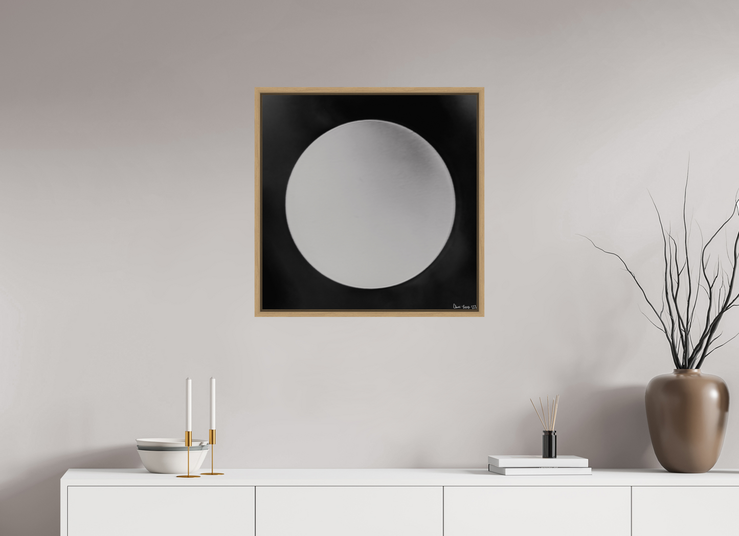 25 x 25″, Floater Frame Natural Oak Lycan’s Moon