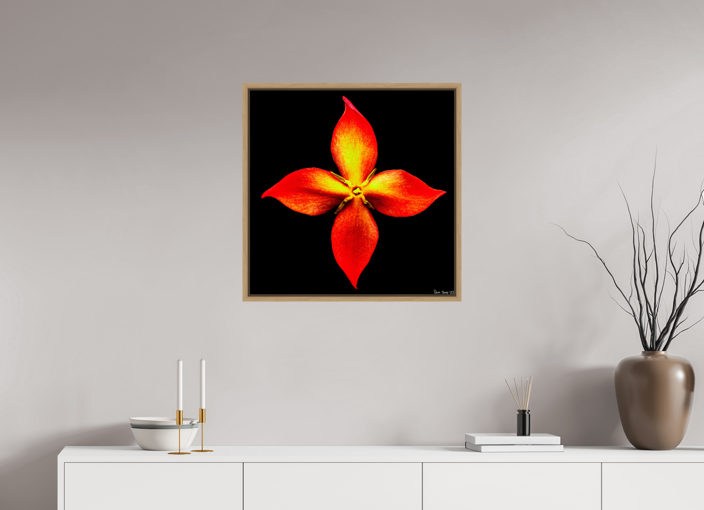 25 x 25″, Floater Frame Natural Oak Blazing Compass