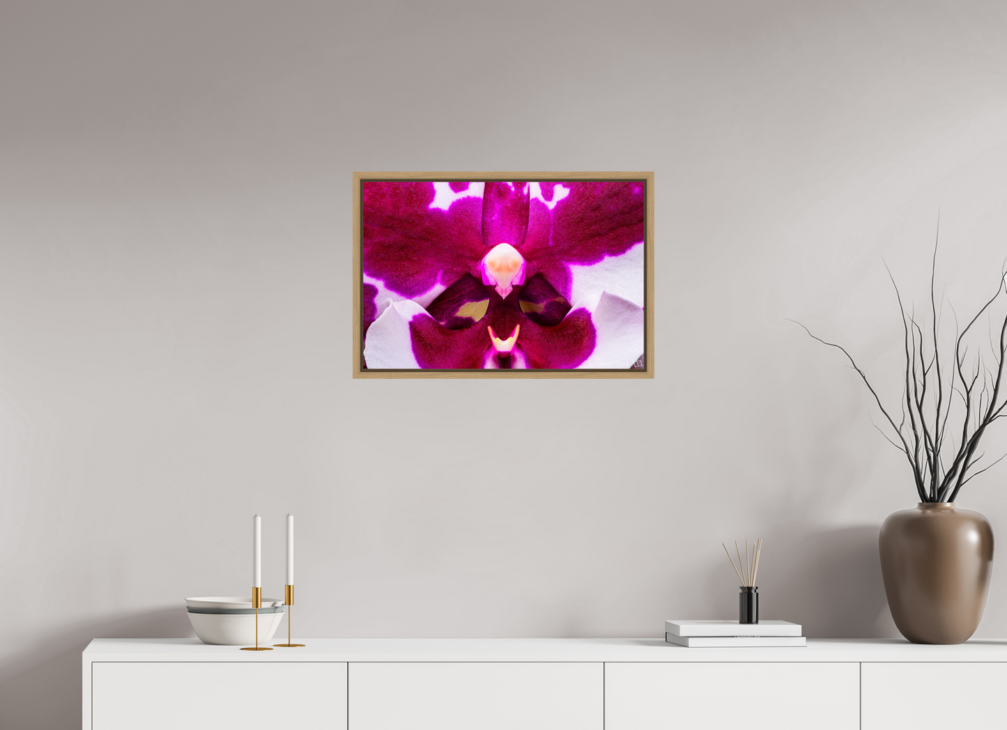 24 x 16″, Floater Frame Natural Oak Droid Orchid