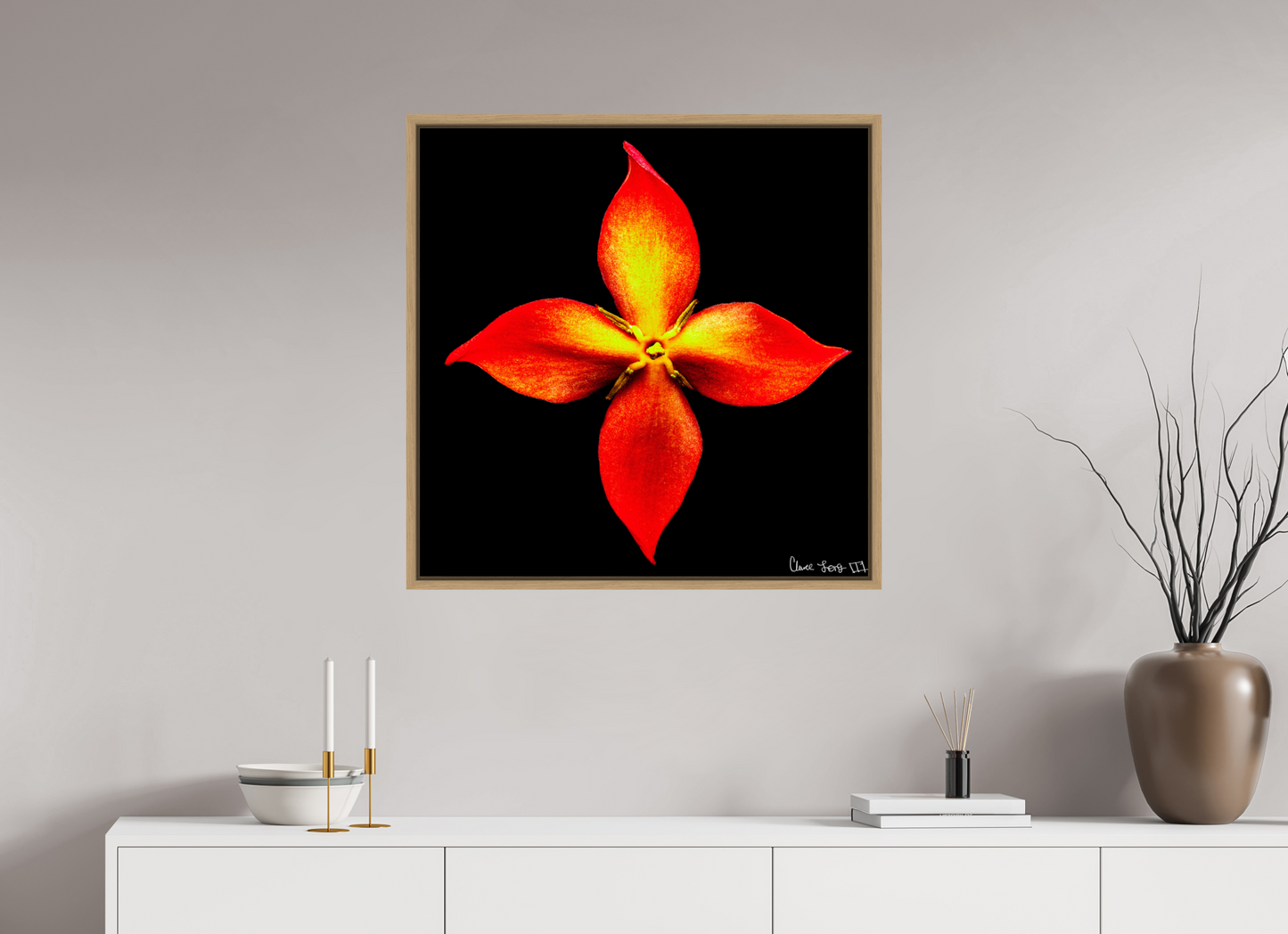 30 x 30″, Floater Frame Natural Oak Blazing Compass