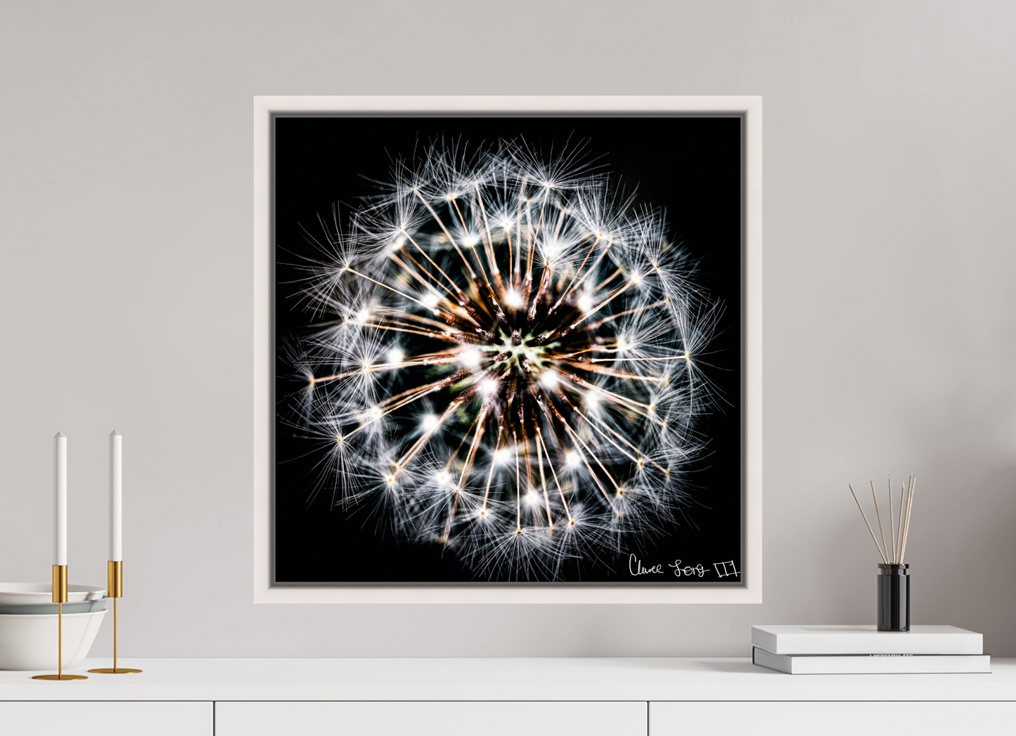 20 x 20″, Floater Frame Maple White Starburst