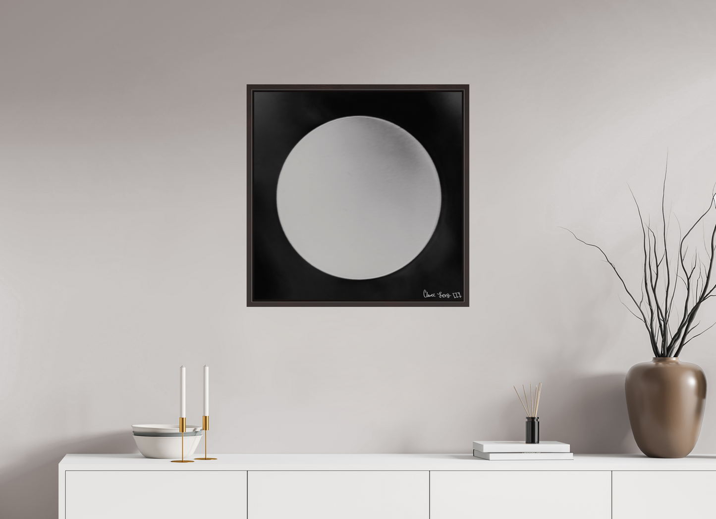 25 x 25″, Floater Frame Alder Brown Lycan’s Moon