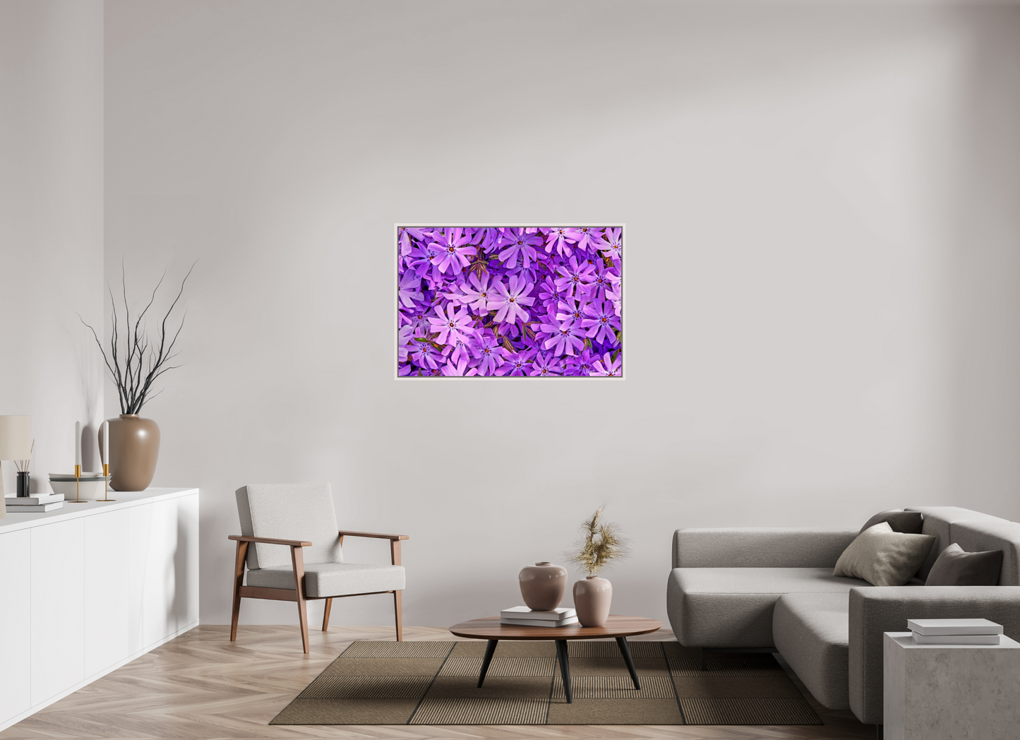 45 x 30″, Floater Frame Maple White Lavender Moss Phlox