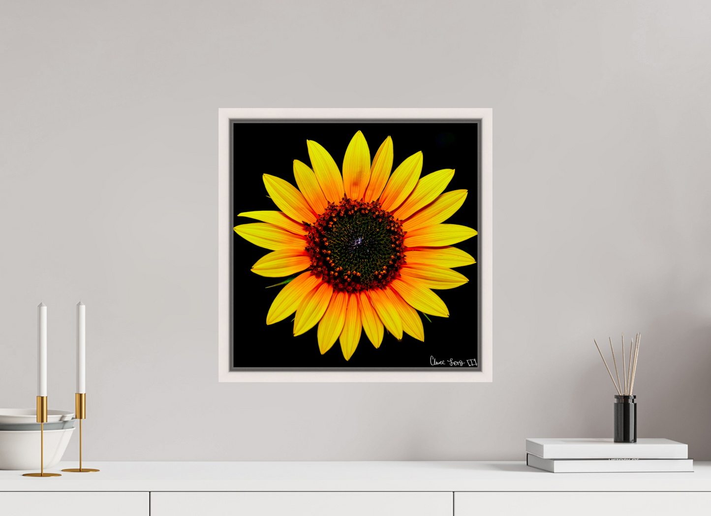 15 x 15″, Floater Frame Maple White Nana’s Sunflower