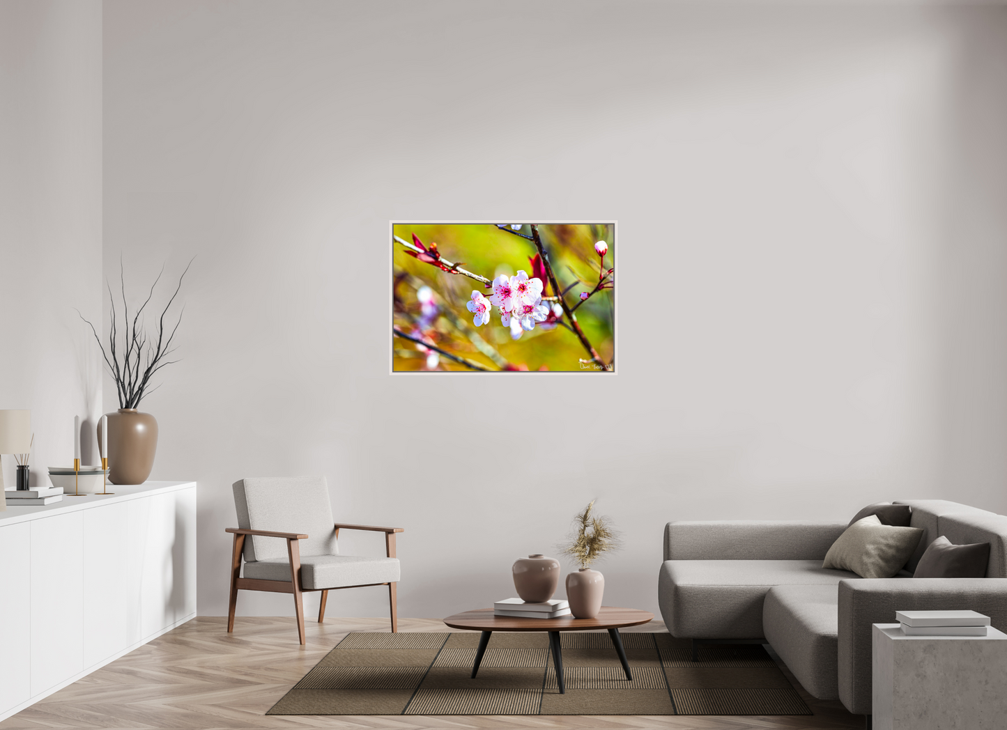 45 x 30″, Floater Frame Maple White Cherry Blossom