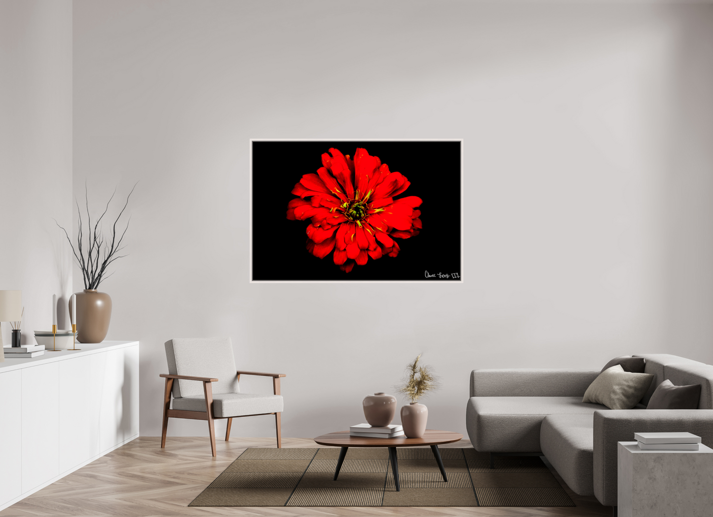 60 x 40″, Floater Frame Maple White Zinnia of Fire