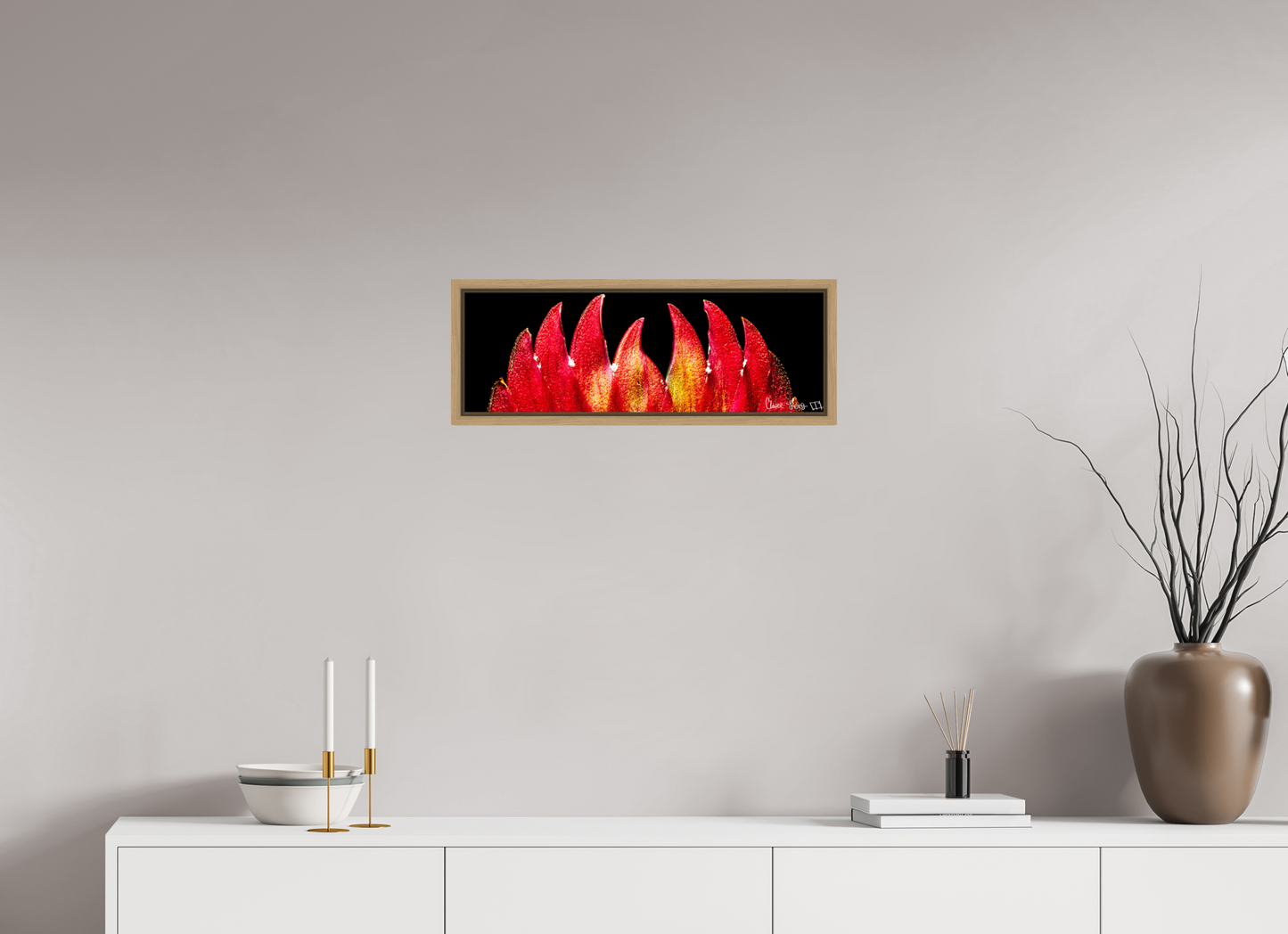 24 x 8″, Floater Frame Natural Oak Flaming Sword