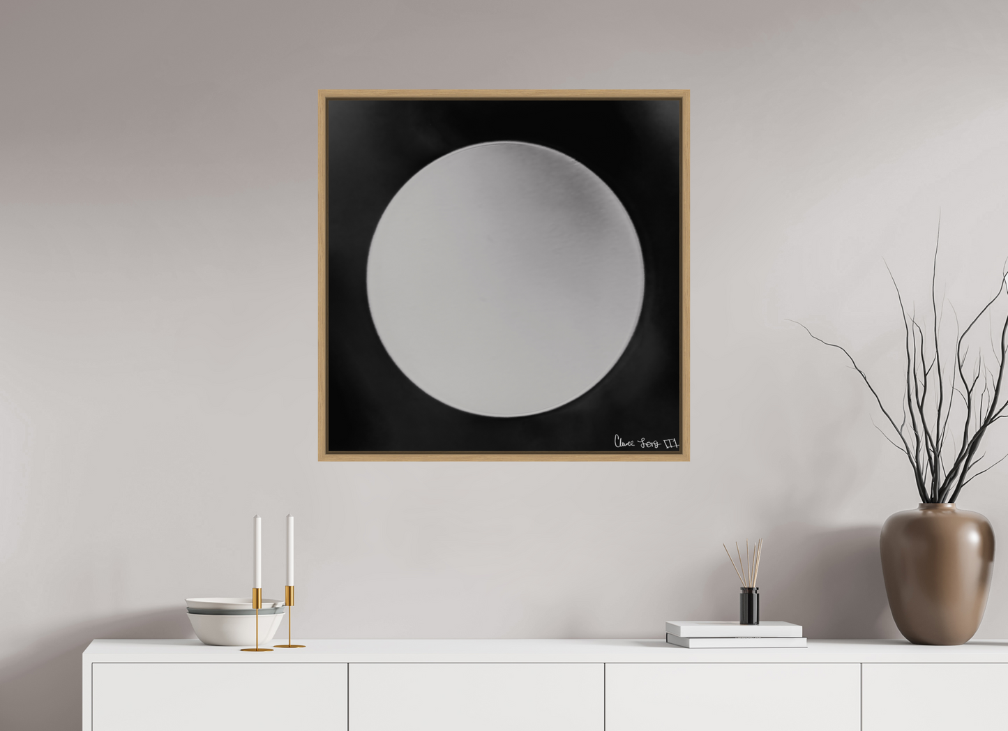 30 x 30″, Floater Frame Natural Oak Lycan’s Moon