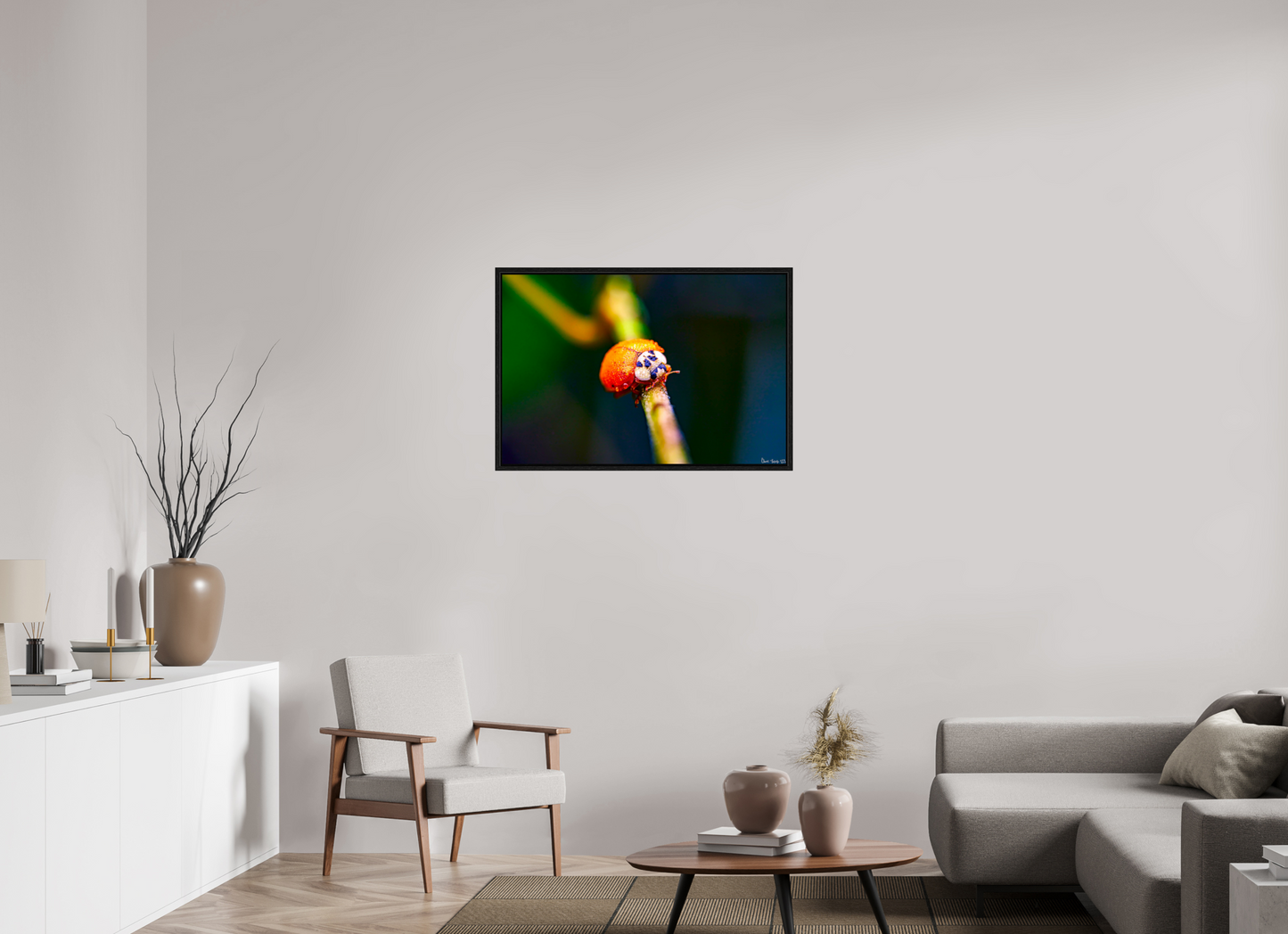 36 x 24″, Floater Frame Black Oak Dew-Kissed Ladybug
