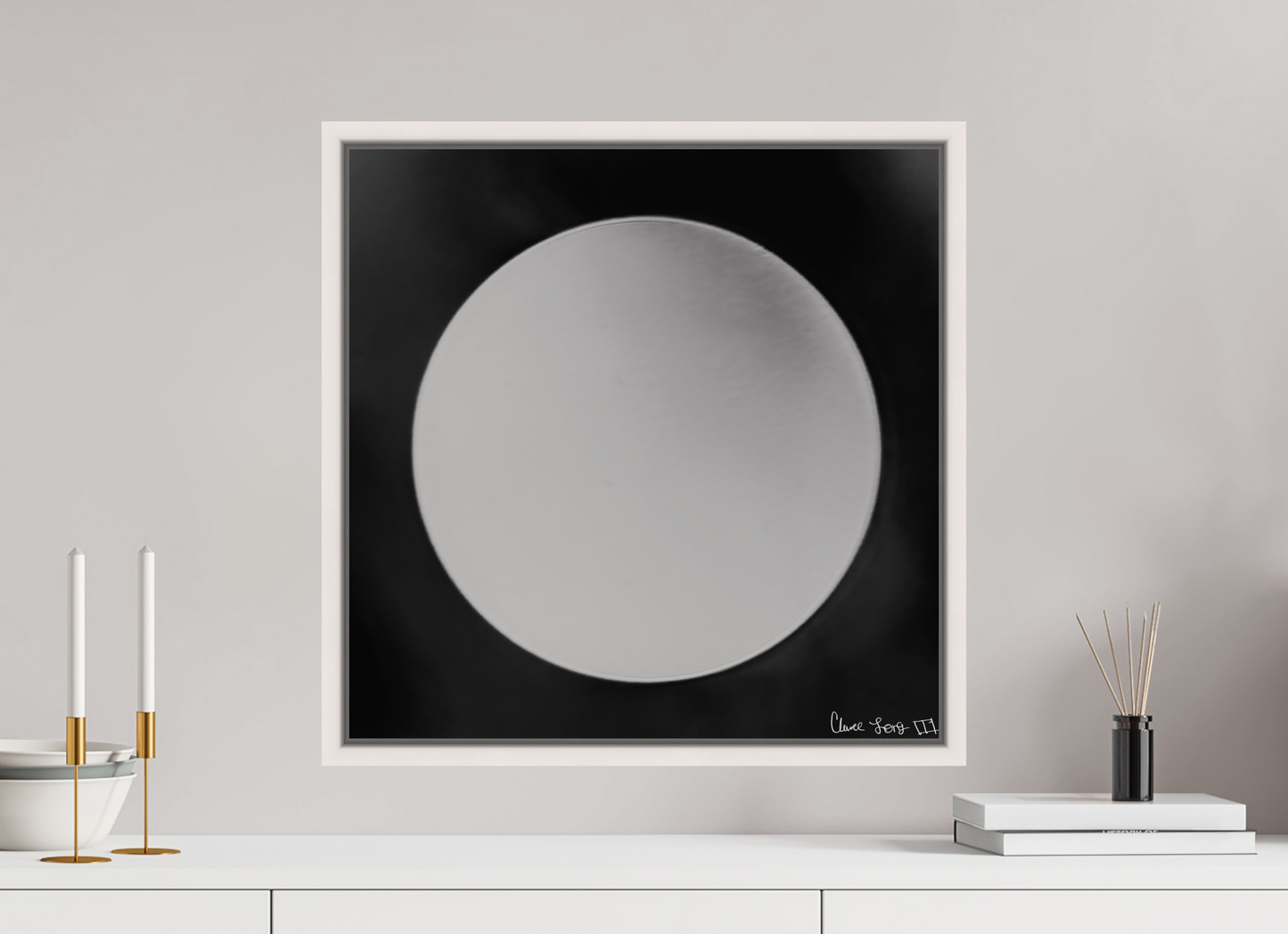 20 x 20″, Floater Frame Maple White Lycan’s Moon