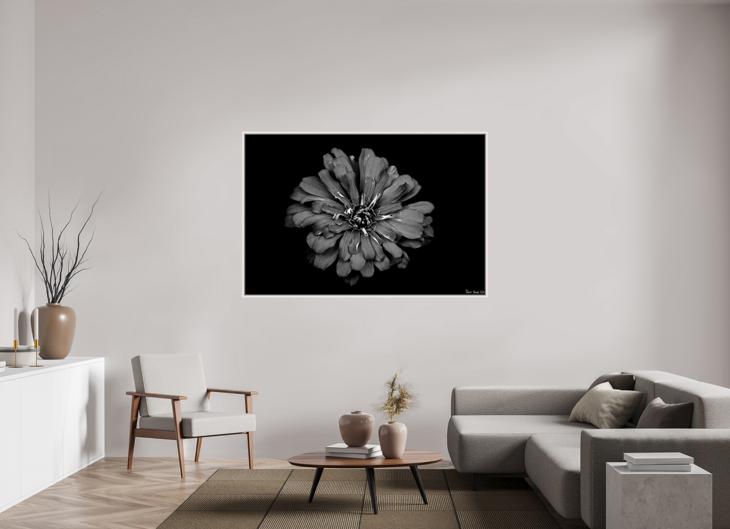 66 x 44″, Floater Frame Maple White Carbon Zinnia
