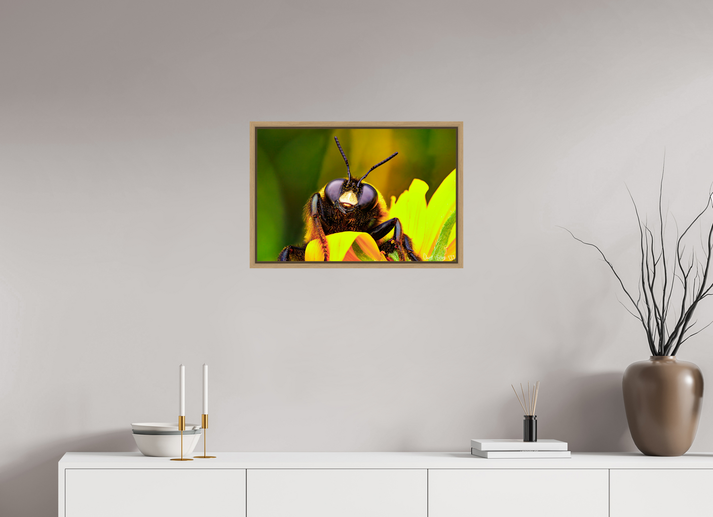 24 x 16″, Floater Frame Natural Oak The Curious Bumblebee