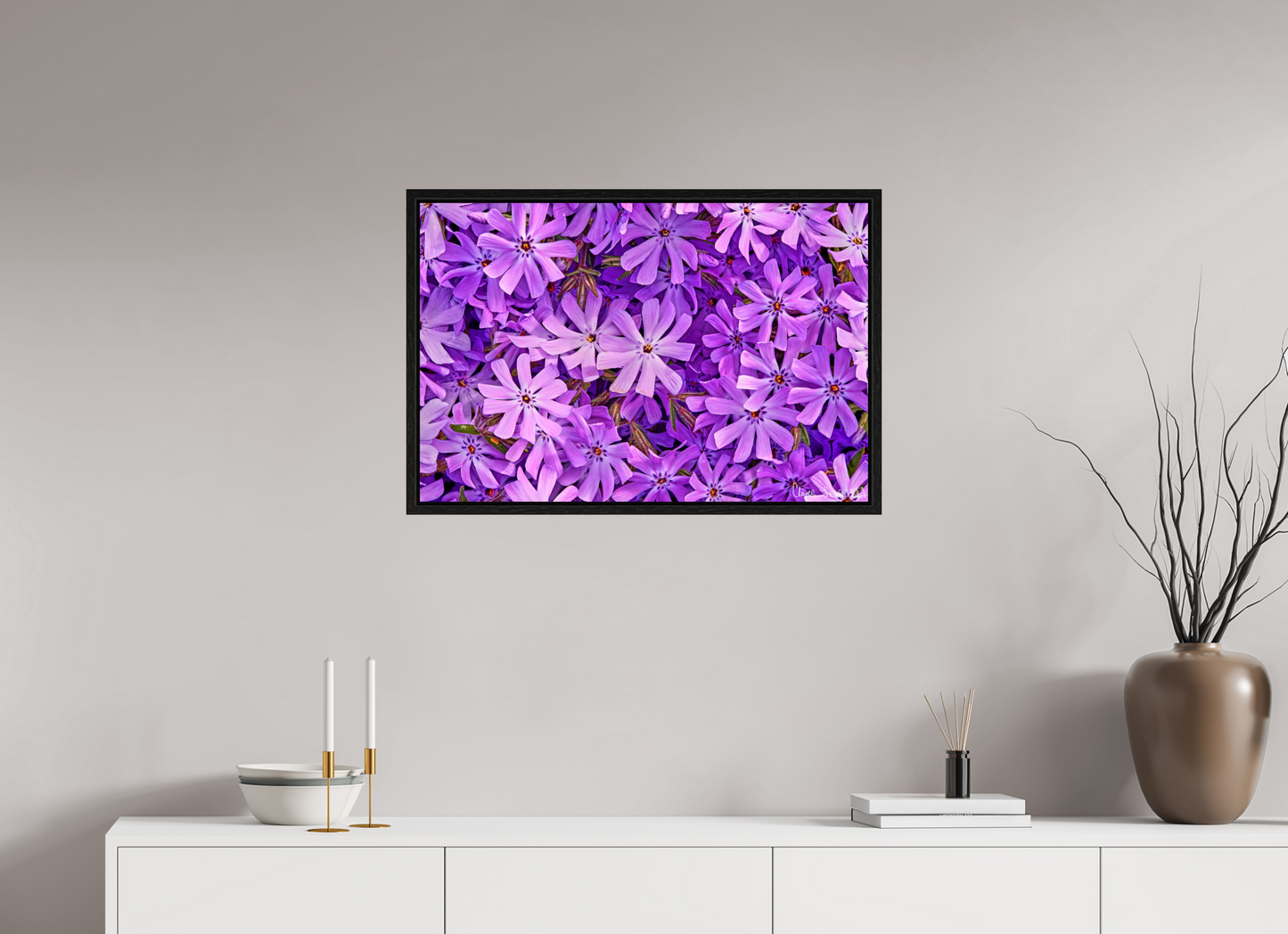 30 x 20″, Floater Frame Black Oak Lavender Moss Phlox