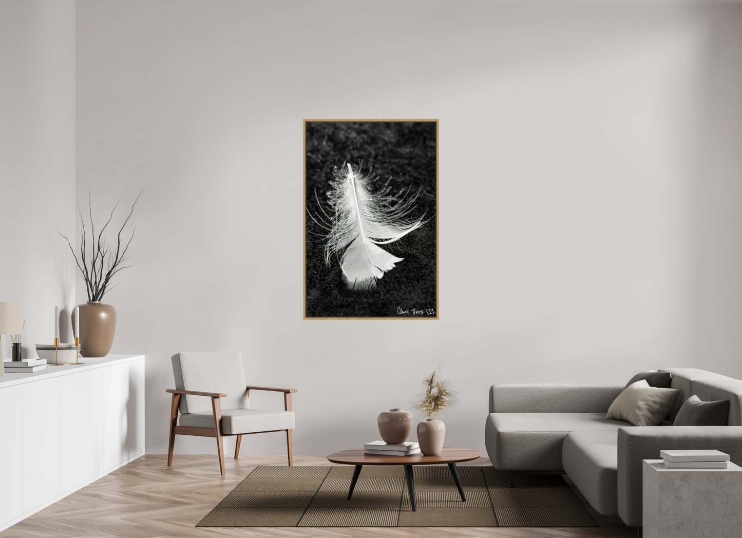 36 x 54″, Floater Frame Natural Oak Feather On Ice