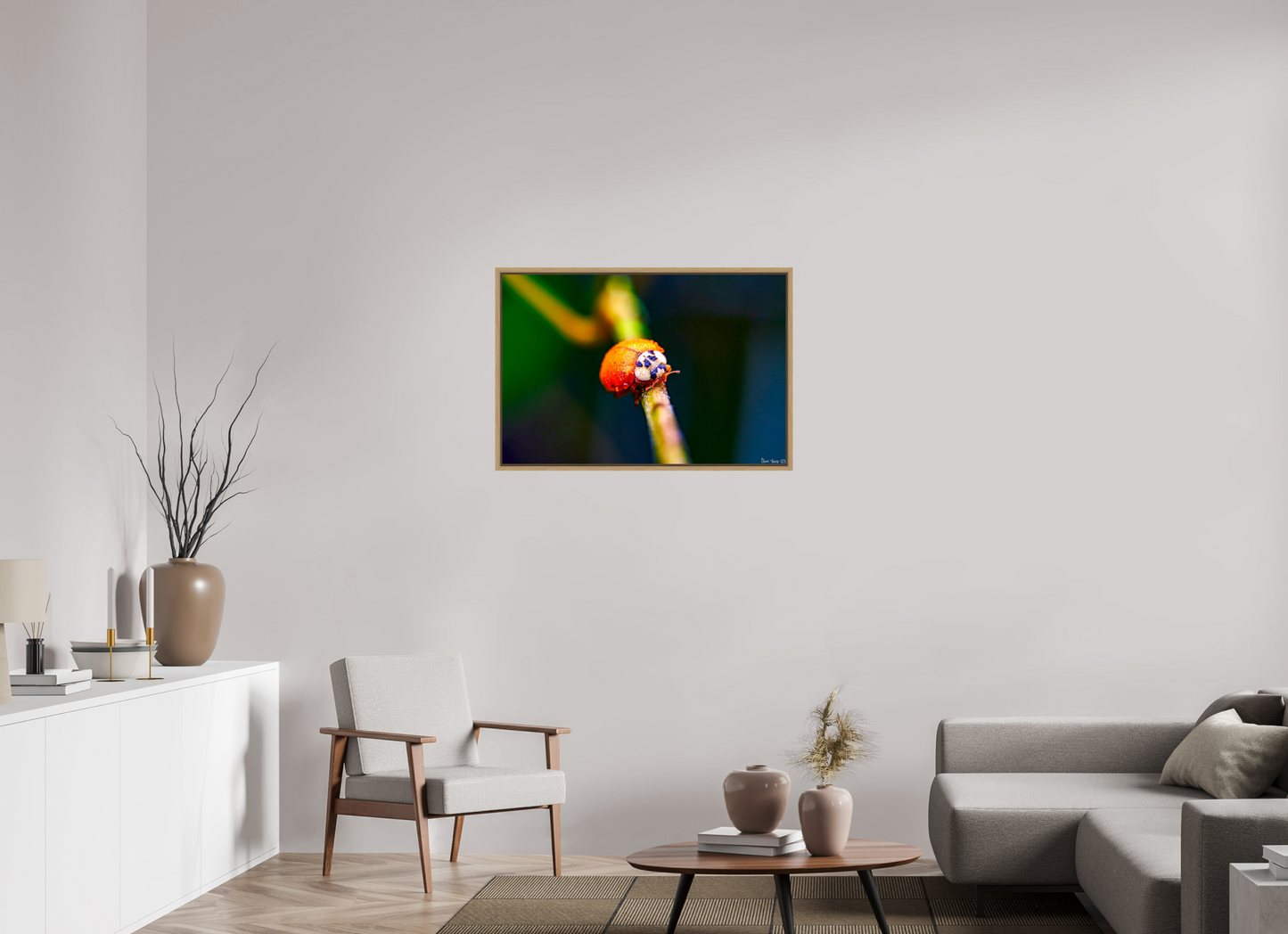 36 x 24″, Floater Frame Natural Oak Dew-Kissed Ladybug