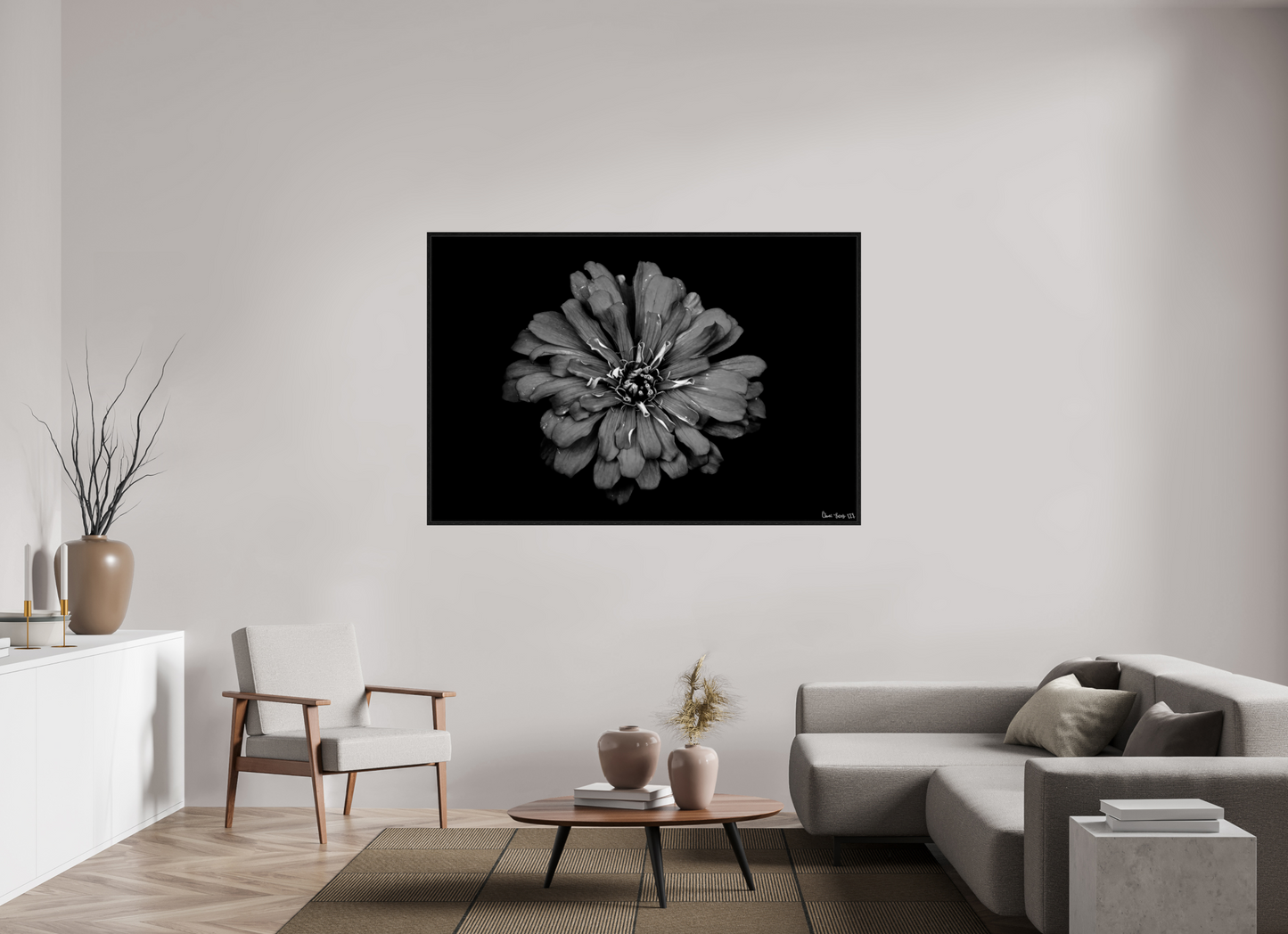 66 x 44″, Floater Frame Black Oak Carbon Zinnia