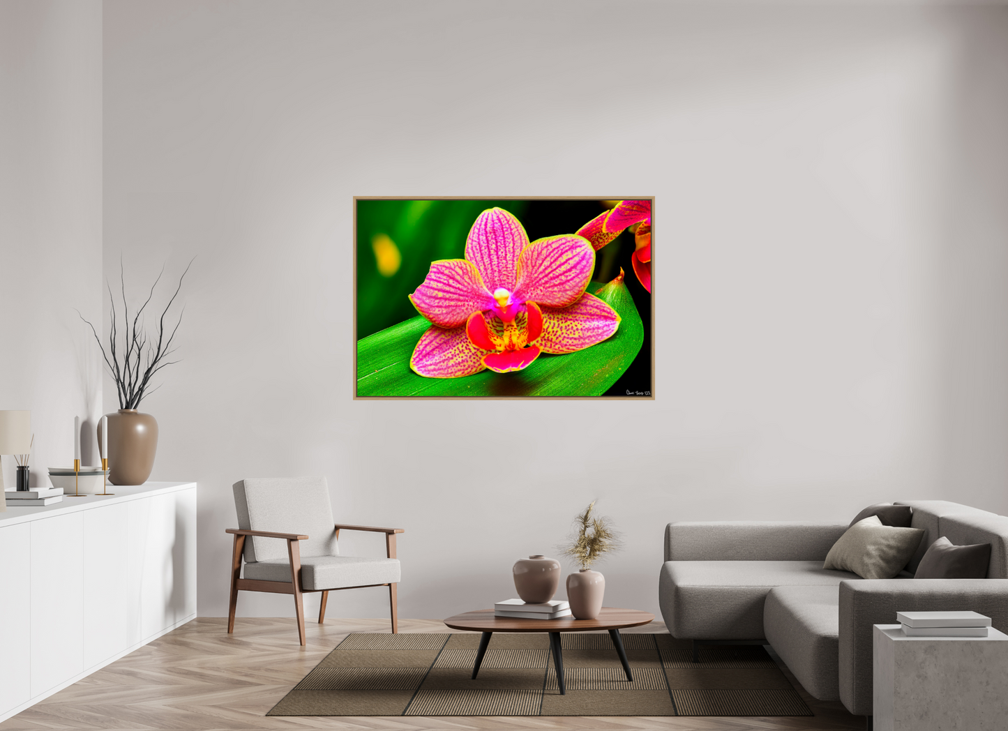 60 x 40″, Floater Frame Natural Oak Vigorous Orchid