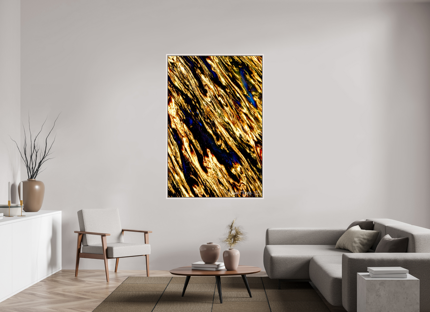 44 x 66″, Floater Frame Maple White Gilded Permeation