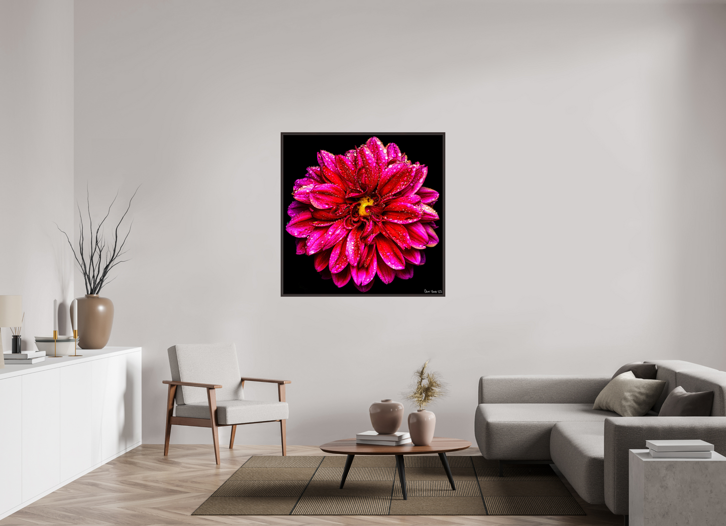 45 x 45″, Floater Frame Alder Brown Droplets Galore