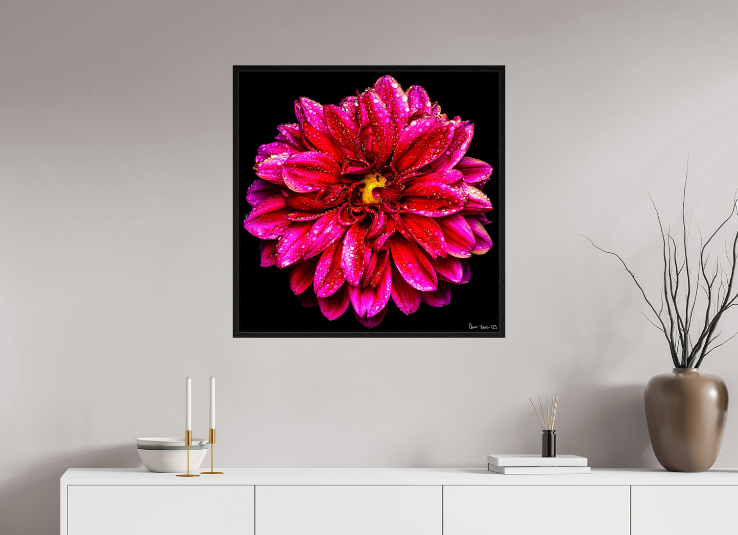 30 x 30″, Floater Frame Black Oak Droplets Galore