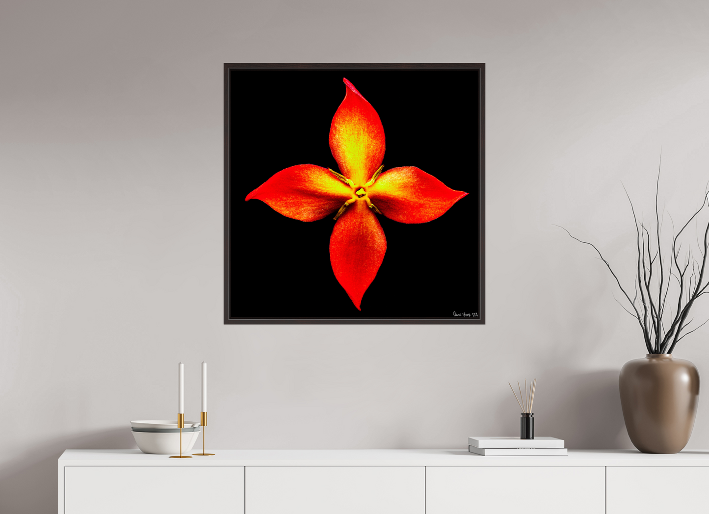 30 x 30″, Floater Frame Alder Brown Blazing Compass