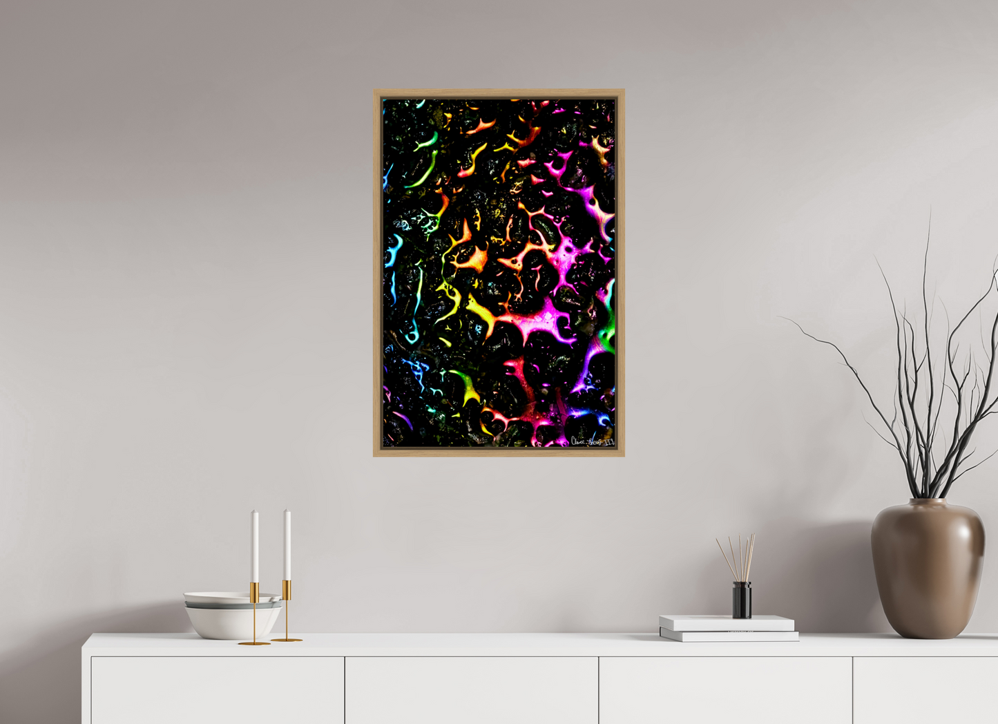 20 x 30″, Floater Frame Natural Oak Petroleum Rainbow