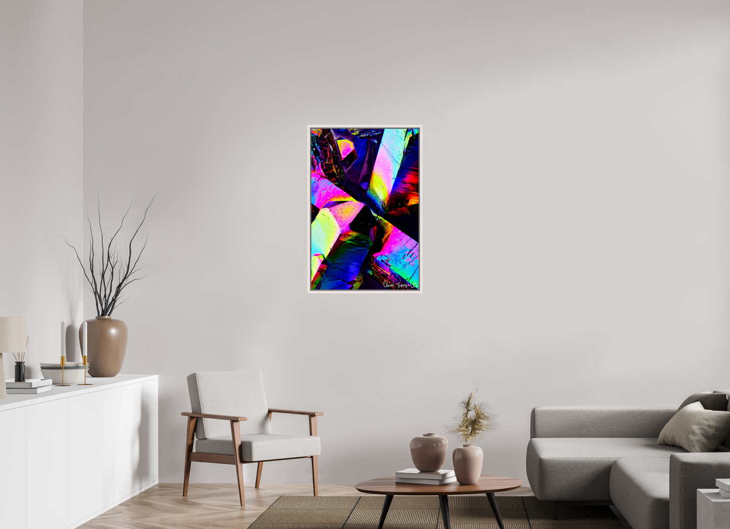 24 x 36″, Floater Frame Maple White Prismatic Shards