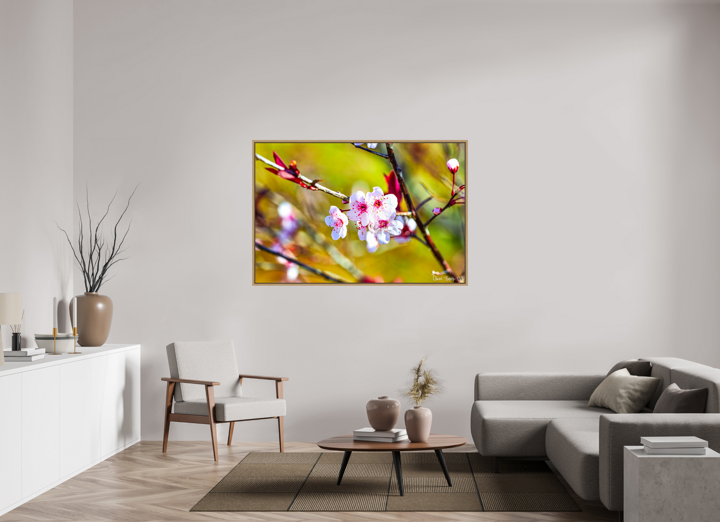 60 x 40″, Floater Frame Natural Oak Cherry Blossom