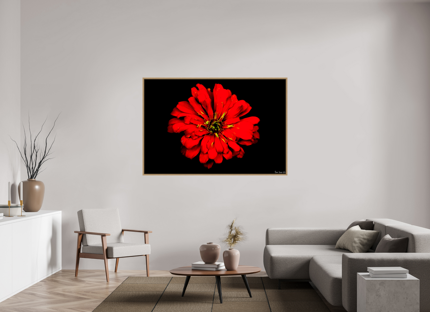 66 x 44″, Floater Frame Natural Oak Zinnia of Fire