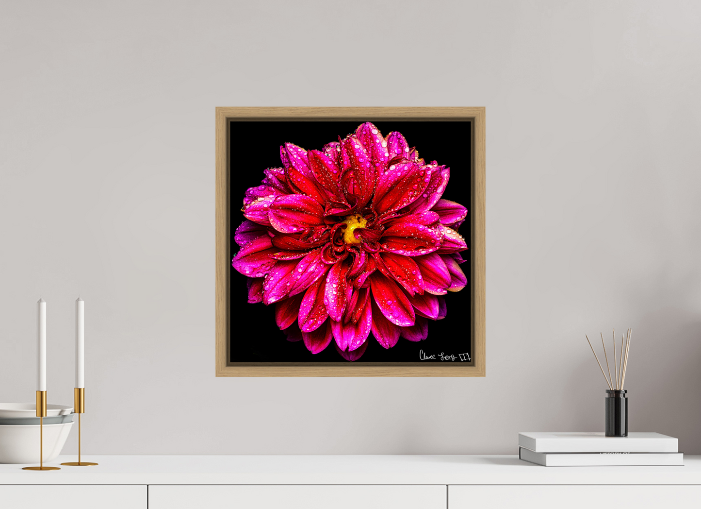 15 x 15″, Floater Frame Natural Oak Droplets Galore