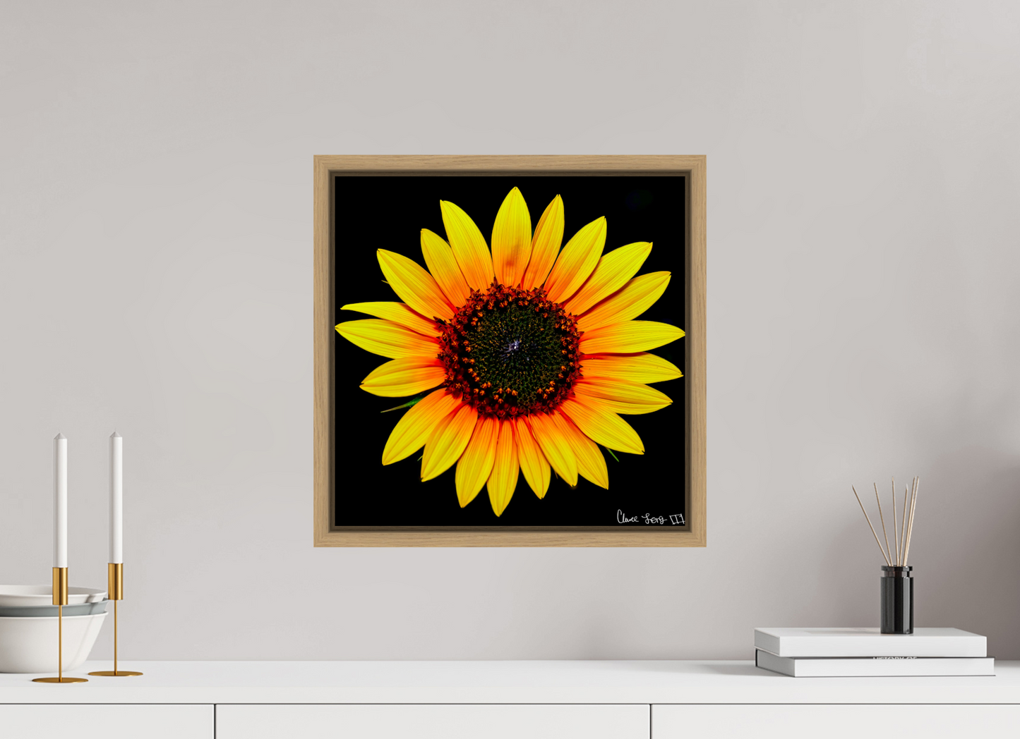 15 x 15″, Floater Frame Natural Oak Nana’s Sunflower