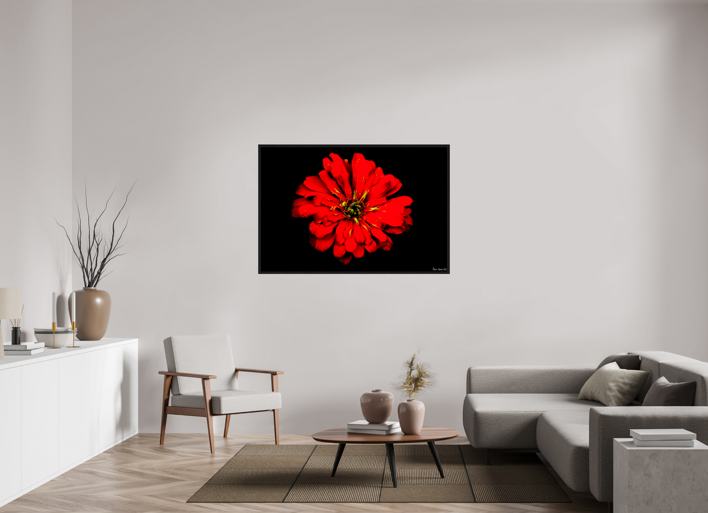 54 x 36″, Floater Frame Black Oak Zinnia of Fire