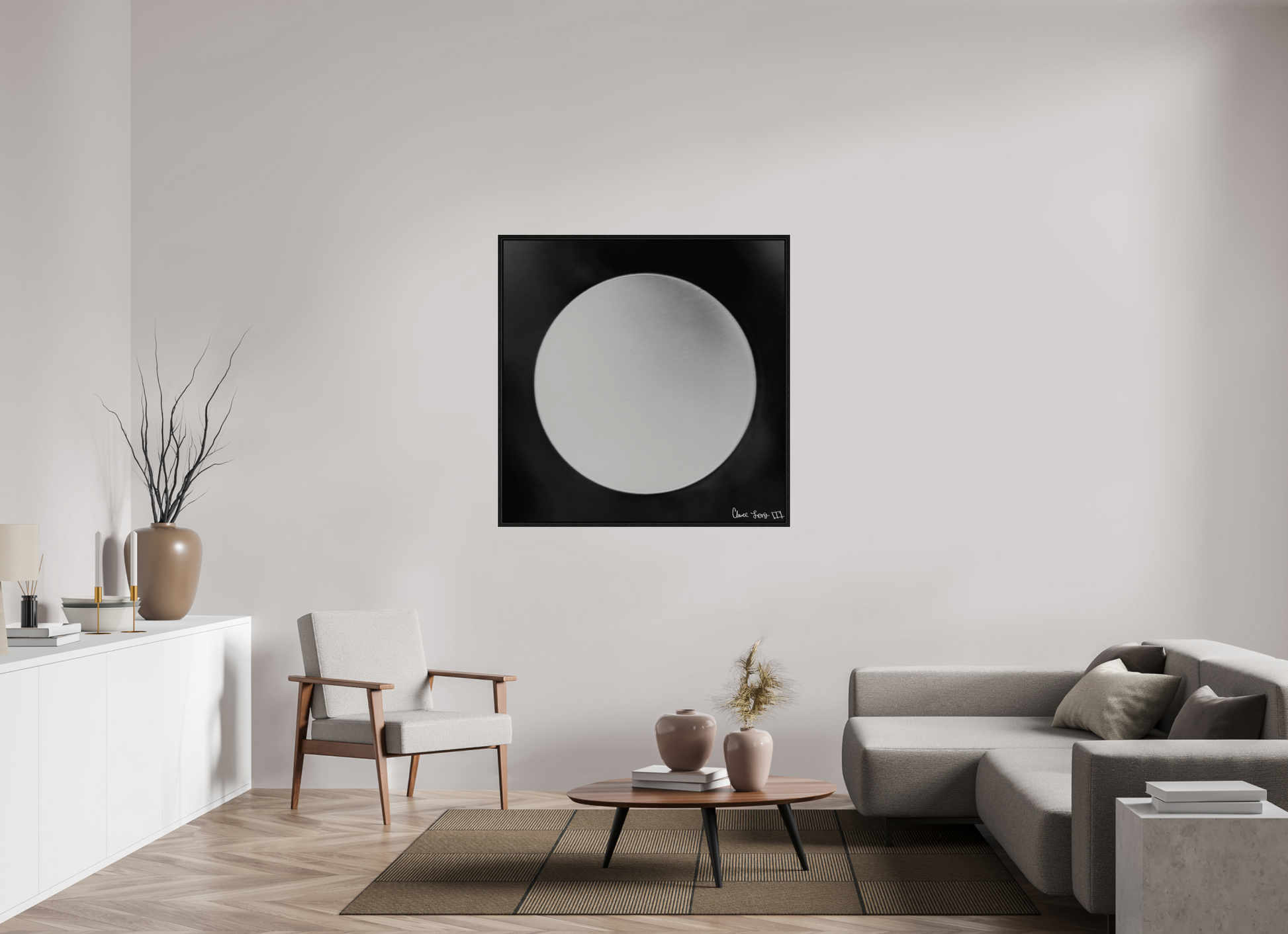 45 x 45″, Floater Frame Black Oak Lycan’s Moon