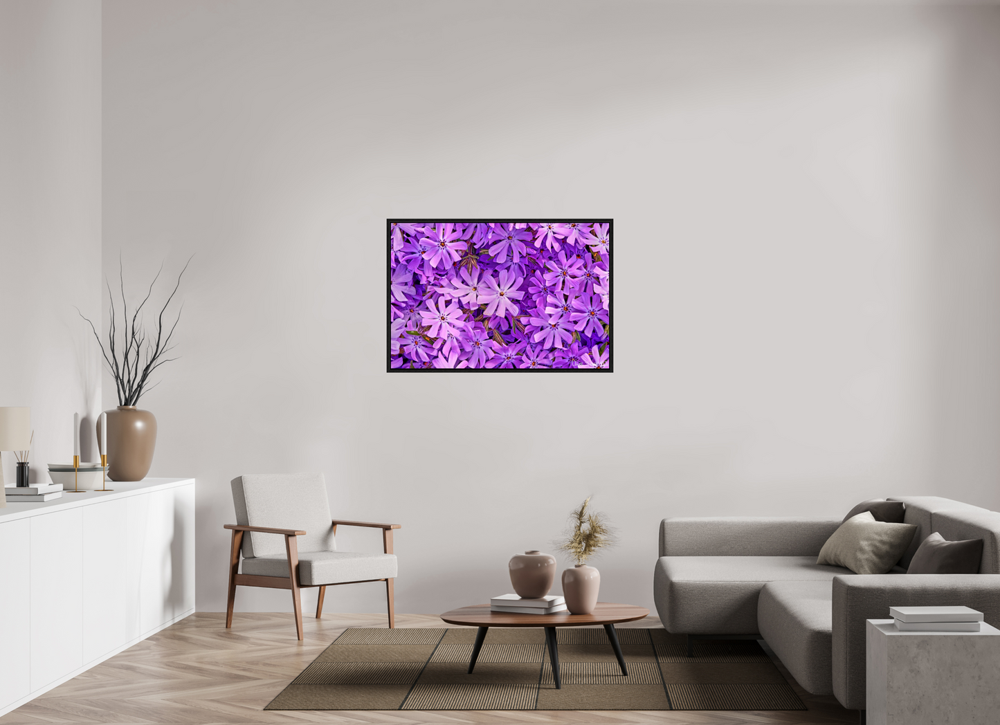 45 x 30″, Floater Frame Black Oak Lavender Moss Phlox