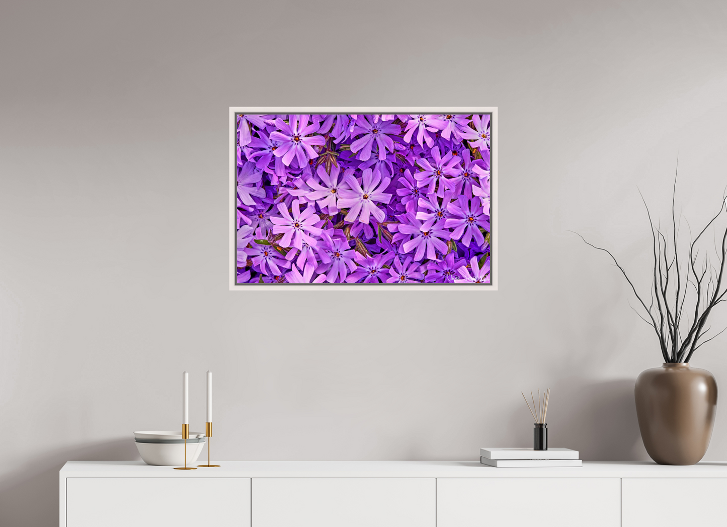 30 x 20″, Floater Frame Maple White Lavender Moss Phlox