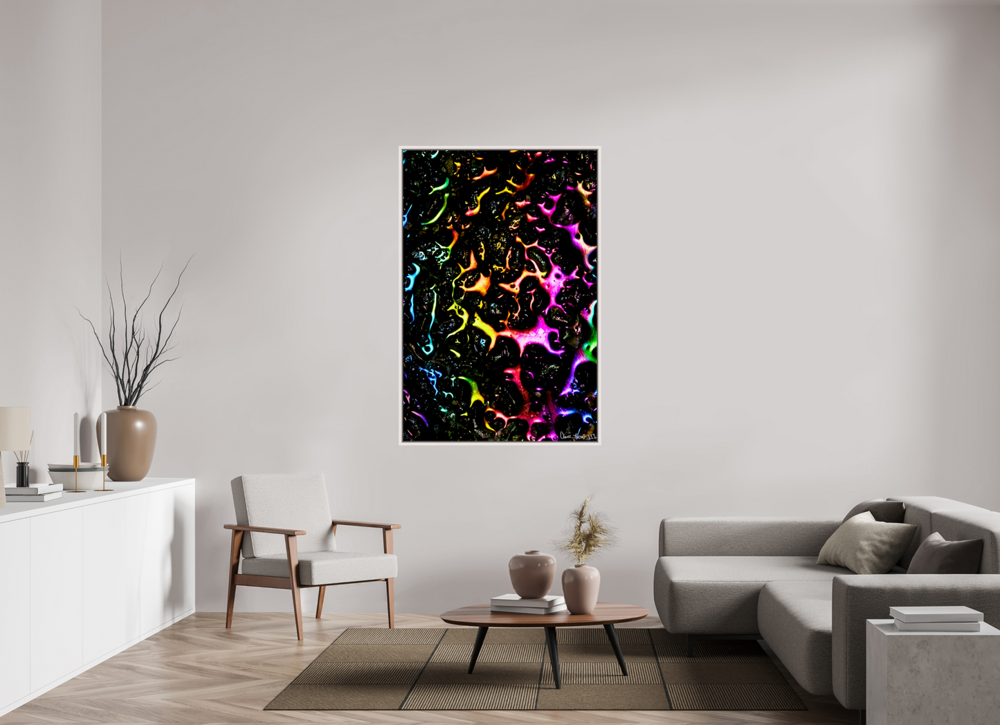 40 x 60″, Floater Frame Maple White Petroleum Rainbow