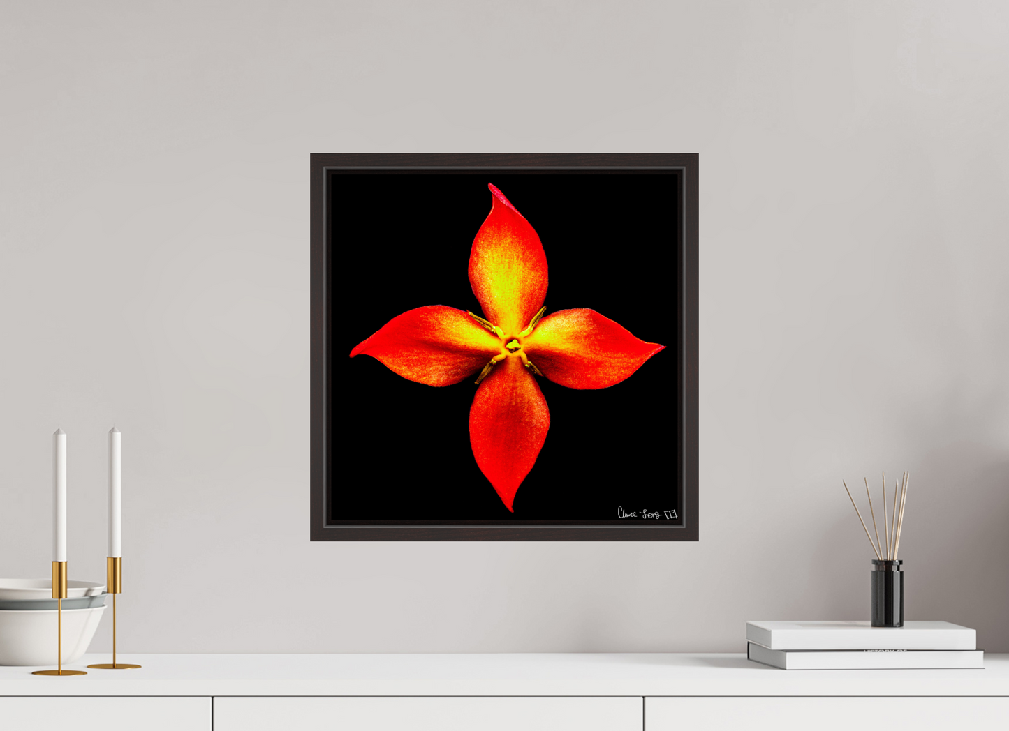 15 x 15″, Floater Frame Alder Brown Blazing Compass