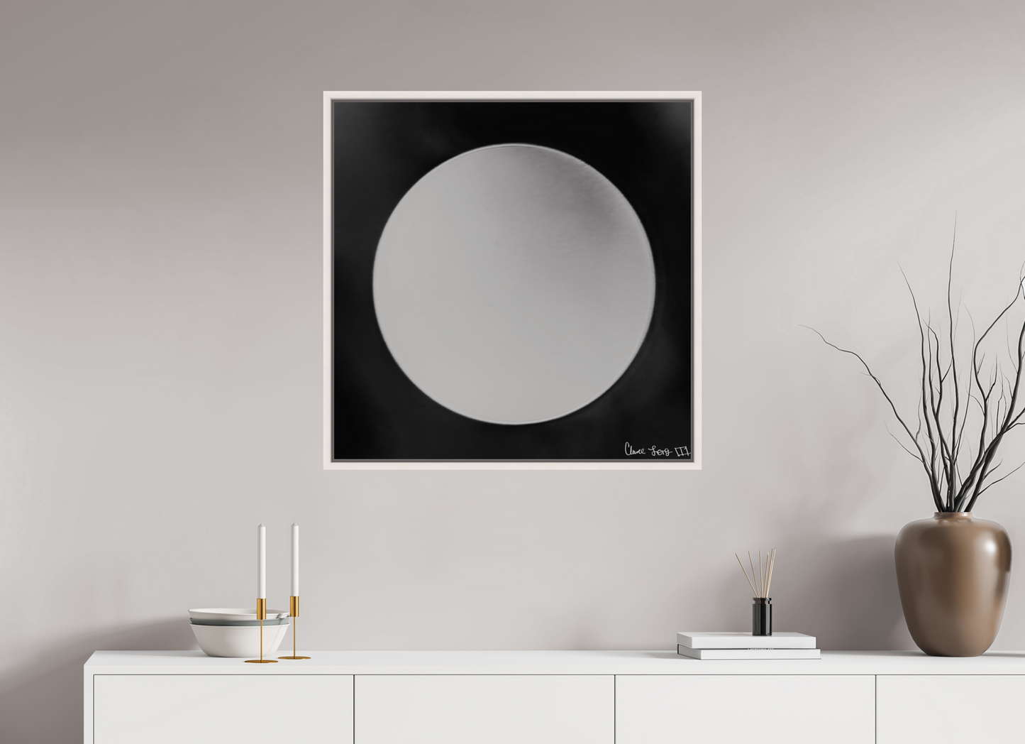 30 x 30″, Floater Frame Maple White Lycan’s Moon
